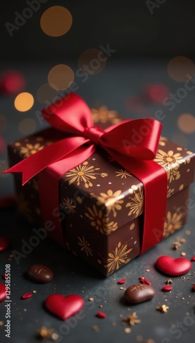 A richly decorated chocolate box tied with a vibrant red ribbon , food photography, white, box
