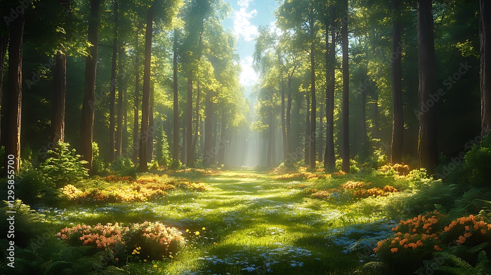 Sunlit forest path, flowers, nature, tranquil scene, background, digital art, wallpaper Sunlit forest path, flowers, nature, tranquil scene, background, digital art, wallpaper