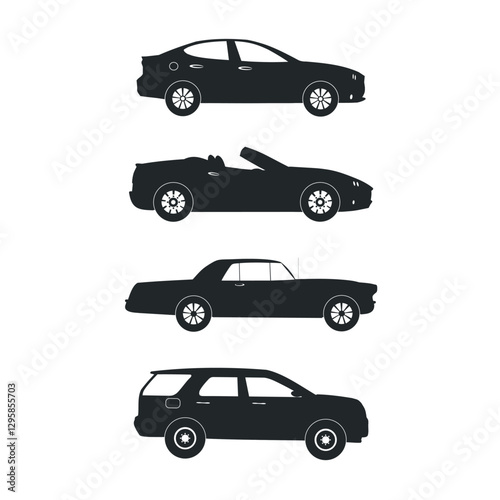 Set of black cars silhouette icons. Automotive industry concept. Modern and retro cars.