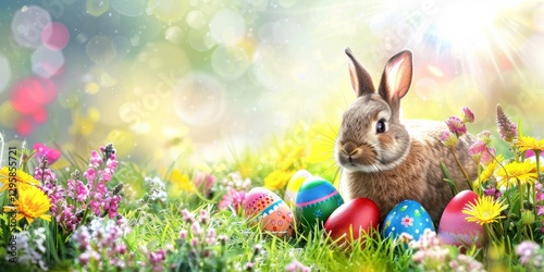 A rabbit is sitting in a field of flowers and eggs