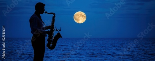 Saxophonist playing at night by the ocean under a full moon serene atmosphere musical performance photo