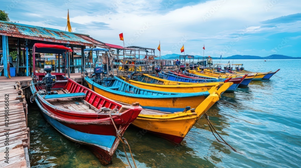 Colorful boats docked, island pier, tourism Colorful boats docked, island pier, tourism