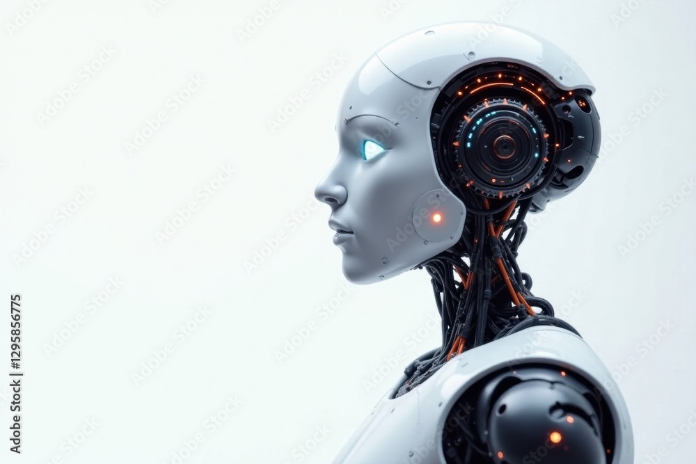 Naklejka premium Sleek AI robot, white background Cogs visible , digital, automation, clean background