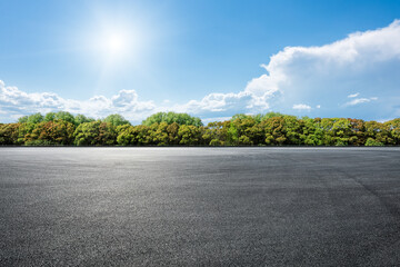 Empty asphalt road with green trees and bright blue sky background