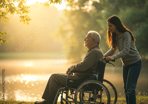Una joven empujando la silla de ruedas de su abuelo.