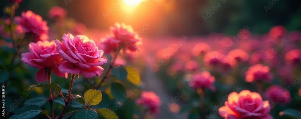 Roses glow in fading light, pathways wind through blooms , roses, green, white Roses glow in fading light, pathways wind through blooms , roses, green, white