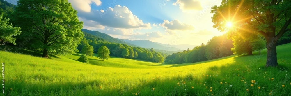 Fototapeta premium Sun-drenched meadow, lush green trees, vibrant summer landscape, sunlight, july, season