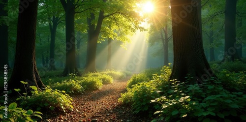 Sunlight casts dappled shadows on the forest floor  shadows  beam