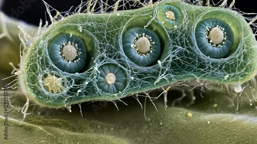 Close-up view of plant microscopic structures showcasing trichomes and glandular features in detail under high magnification