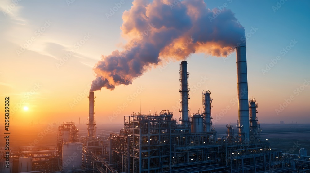 Large industrial factory emitting smoke and pollution into the air during daytime with clear blue sky Large industrial factory emitting smoke and pollution into the air during daytime with clear blue sky