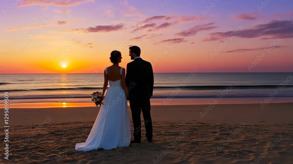 A bride and groom stand on a beach at sunset A bride and groom stand on a beach at sunset