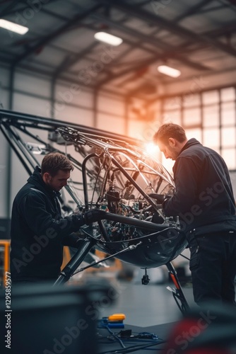 Aircraft engineers assembling experimental ultralight aircraft hangar workshop technical process industrial environment close-up view