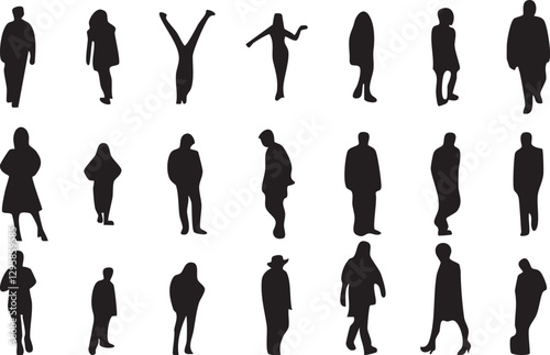 Standing, talking, and gesturing in silhouette. People silhouettes, vector set.