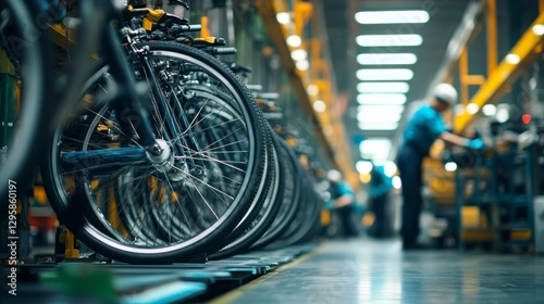 Bicycle assembly line workers installing bikes factory industrial process indoor environment close-up view manufacturing concept