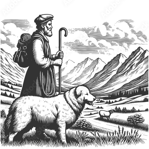 shepherd holding a staff, accompanied by a loyal dog, overlooking a scenic mountain valley with grazing sheep sketch engraving generative ai vector illustration. Scratch board. Black and white image.
