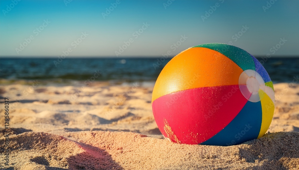 Obraz premium Close-Up of a Colorful Beach Ball in the Sand, Showing the Textured Surface and Vibrant Colors