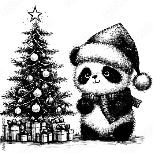 Panda Christmas line art drawing ink sketch vector hand drawn illustration background