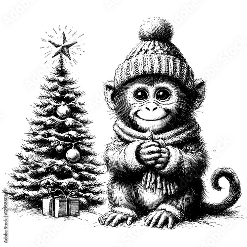 Monkey Christmas line art drawing ink sketch vector hand drawn illustration background