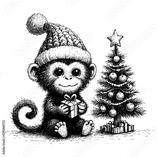 Monkey Christmas line art drawing ink sketch vector hand drawn illustration background