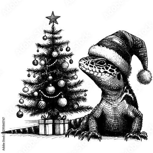 Lizard Christmas line art drawing ink sketch vector hand drawn illustration background