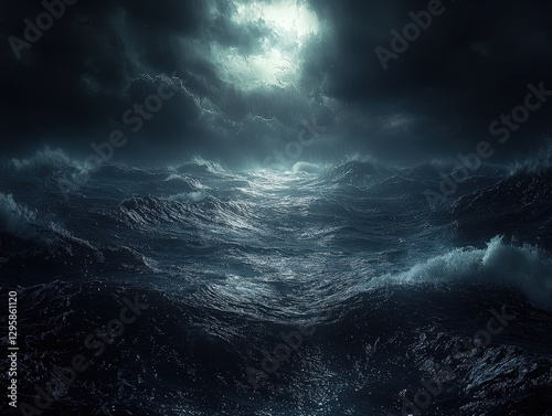 Dark ocean storm with lighting and waves at night landscape