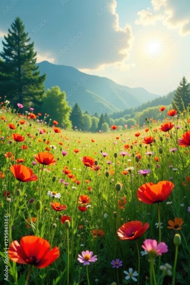 Sun-drenched meadow overflowing with poppies and diverse wildflowers , beautiful, red Sun-drenched meadow overflowing with poppies and diverse wildflowers , beautiful, red