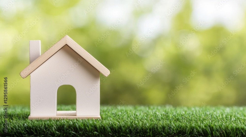 A small model house on grass, symbolizing home and nature. A small model house on grass, symbolizing home and nature.