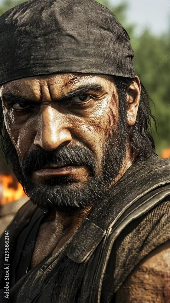 Intense warrior with rugged features stands in front of a fiery background in a battle-ready stance during a jungle conflict Intense warrior with rugged features stands in front of a fiery background in a battle-ready stance during a jungle conflict