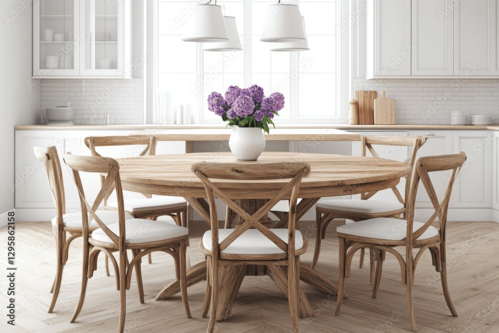 White kitchen, wooden dining table with chairs, purple flowers, bright light White kitchen, wooden dining table with chairs, purple flowers, bright light