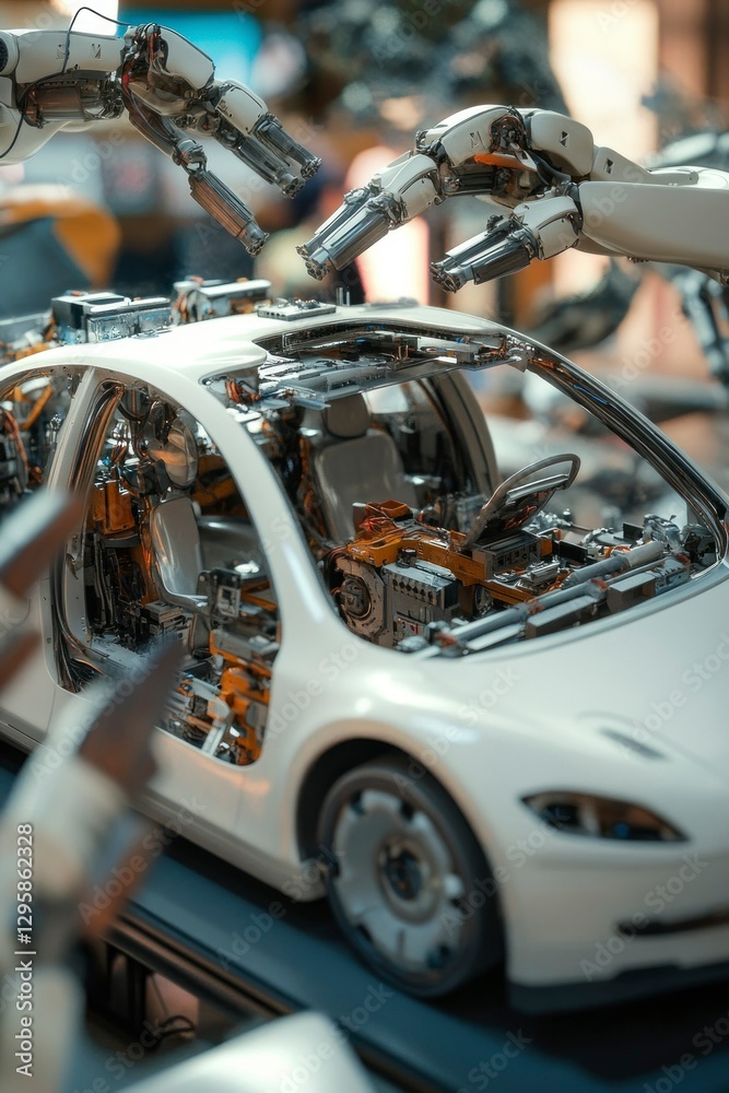 Fototapeta premium Futuristic self-assembling vehicle concept showcased by robotic arms in technology industry environment