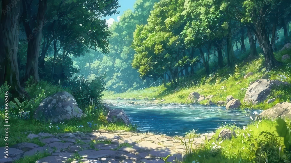 Serene Forest Stream Tranquil Nature Scene with Stone Path Serene Forest Stream Tranquil Nature Scene with Stone Path