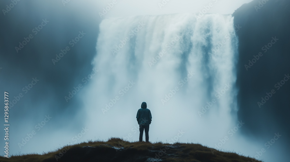 Obraz premium Person admires the powerful waterfall in a misty landscape during an overcast day in a natural setting