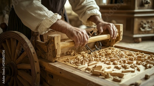 Medieval artisans crafting wooden carriage workshop photography rustic close-up traditional techniques photo