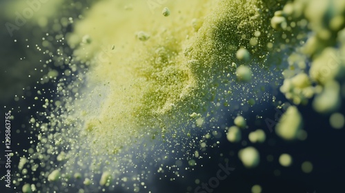 Sand particles are bright lemon-green, deep graphite-blue colors with luminous ultrafine particles