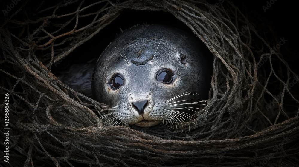 Curious Seal Puppy Peeking Out from a Nest of Twisted Seaweed, Showcasing Its Expressive Eyes and Playful Nature Curious Seal Puppy Peeking Out from a Nest of Twisted Seaweed, Showcasing Its Expressive Eyes and Playful Nature