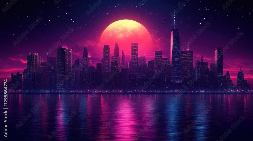 NYC Skyline at Night, Pink Moon, Retro Futuristic NYC Skyline at Night, Pink Moon, Retro Futuristic