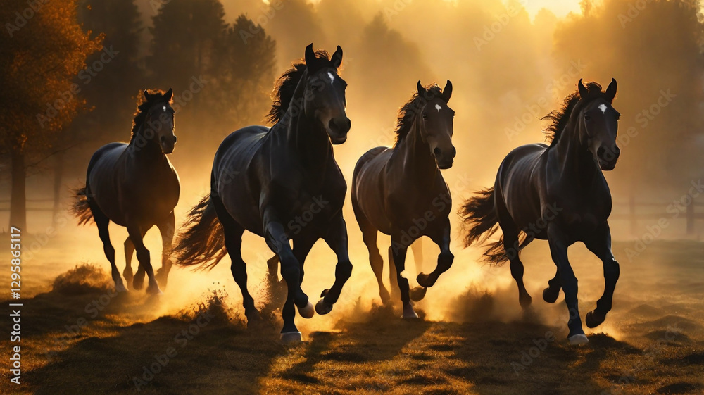 Fototapeta premium horse running in the sunset (golden hour) 