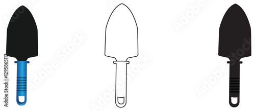 garden shovel silhouette icon with three models,colored icon,outline or sketch and silhouette,garden equipment,symbol,vector illustration on white background.