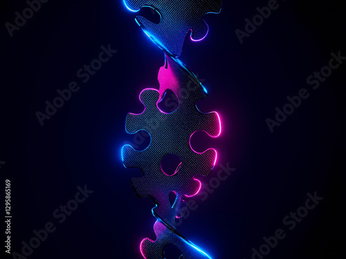 Black puzzle embedded in luminous DNA, neon blue and magenta dual light, 300dpi, 3d illustation