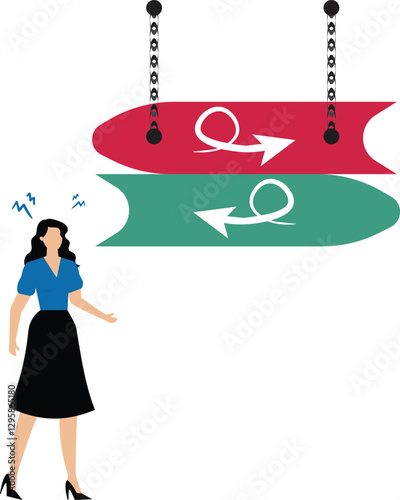 Choice and decision, businesswoman standing with arrows in three different directions, pathway selection dilemma