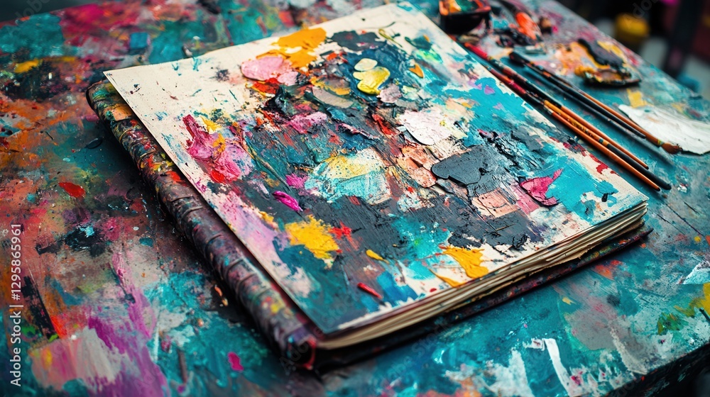 a messy artist’s journal filled with colorful sketches, paint splatters, and personal notes, lying on a vibrant palette. a messy artist’s journal filled with colorful sketches, paint splatters, and personal notes, lying on a vibrant palette.