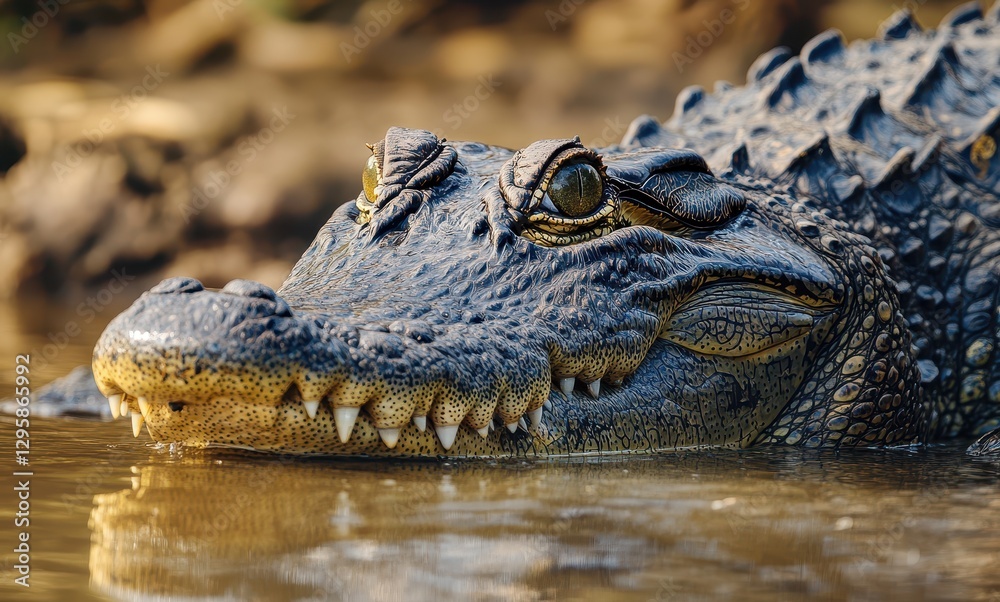 Obraz premium Close-up of a Freshwater Crocodile in a Natural Habitat with Textured Skin and Sharp Teeth, Capturing the Beauty of Wildlife