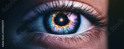 A close-up of an eye with a cosmic design, featuring vibrant colors and a starry pattern, highlighting the beauty and depth of the iris.