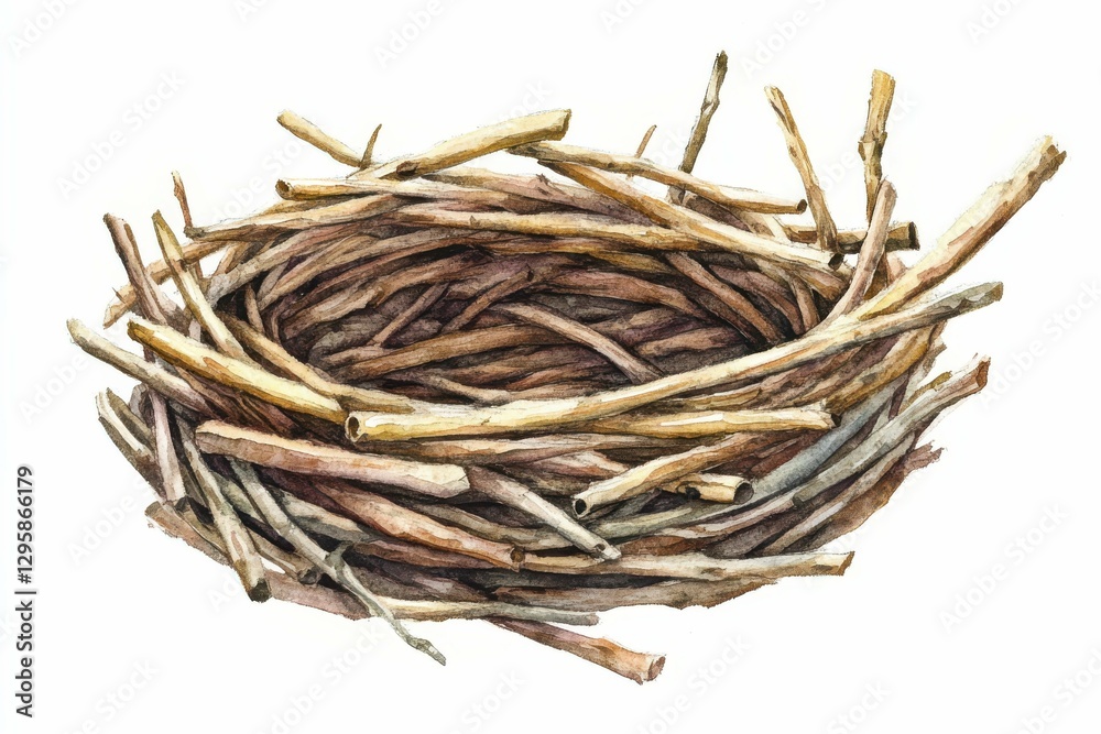Nest Watercolor Illustration. Hand Drawn Bird Nest of Sticks and Twigs on White Background Nest Watercolor Illustration. Hand Drawn Bird Nest of Sticks and Twigs on White Background