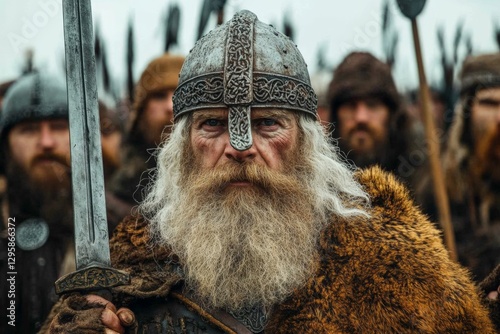 Norwegian Viking warriors in traditional armor preparing for battle during a cloudy day