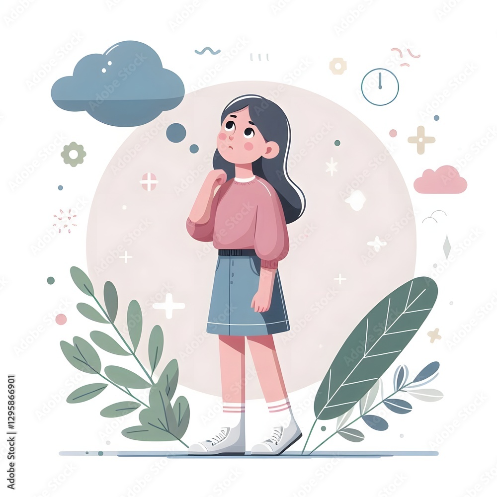 Modern Flat Design Illustration of Young Girl Thinking and Looking Up, Perfect for UI UX Design, Landing Pages, Web Design, and Digital Interfaces Modern Flat Design Illustration of Young Girl Thinking and Looking Up, Perfect for UI UX Design, Landing Pages, Web Design, and Digital Interfaces