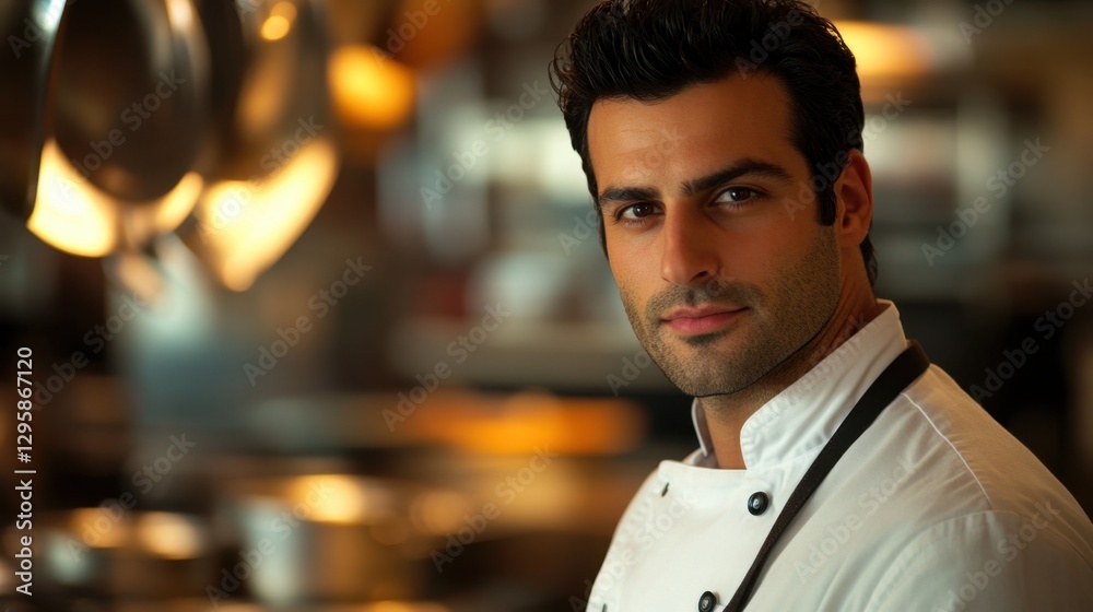 Fototapeta premium Confident Male Chef in Modern Kitchen Setting, Focused and Looking at Camera, Professional Cooking Environment with Kitchen Utensils in Background