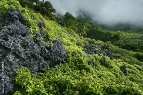 Niue Island Landscape with Cloudy Sky: Hikutavake Reef and Limestone Low Bushes photo