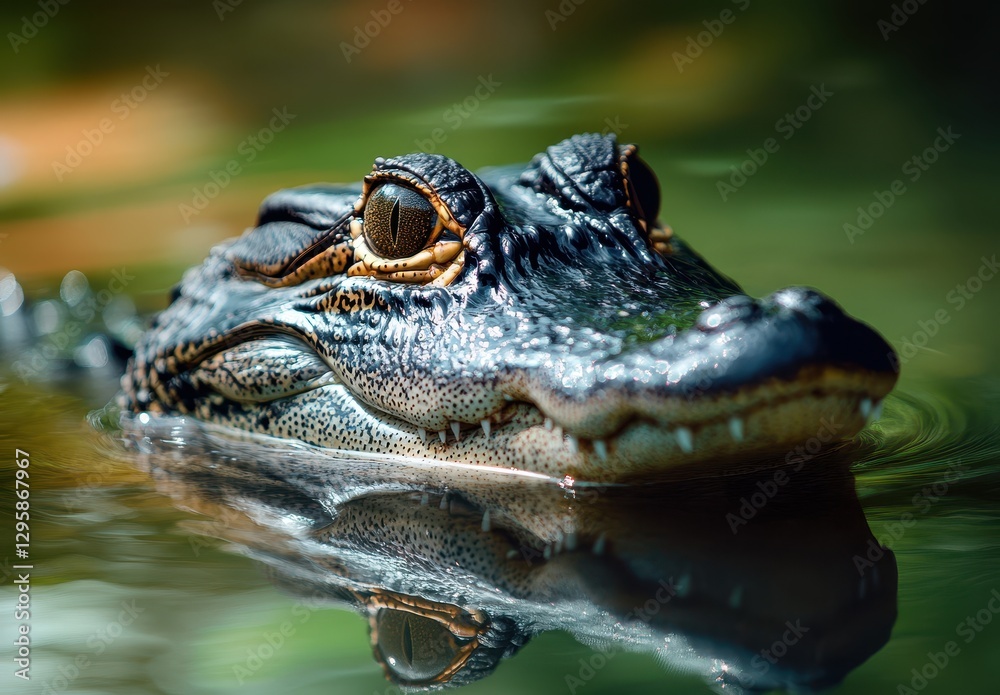 Fototapeta premium Close-up of a Gliding Alligator in Calm Water with Bubbles, Showcasing Its Textured Skin and Piercing Eyes in a Natural Habitat Environment