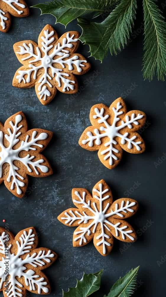 Gingerbread cookies shaped like snowflakes decorated with icing on a dark surface among holiday greenery Gingerbread cookies shaped like snowflakes decorated with icing on a dark surface among holiday greenery